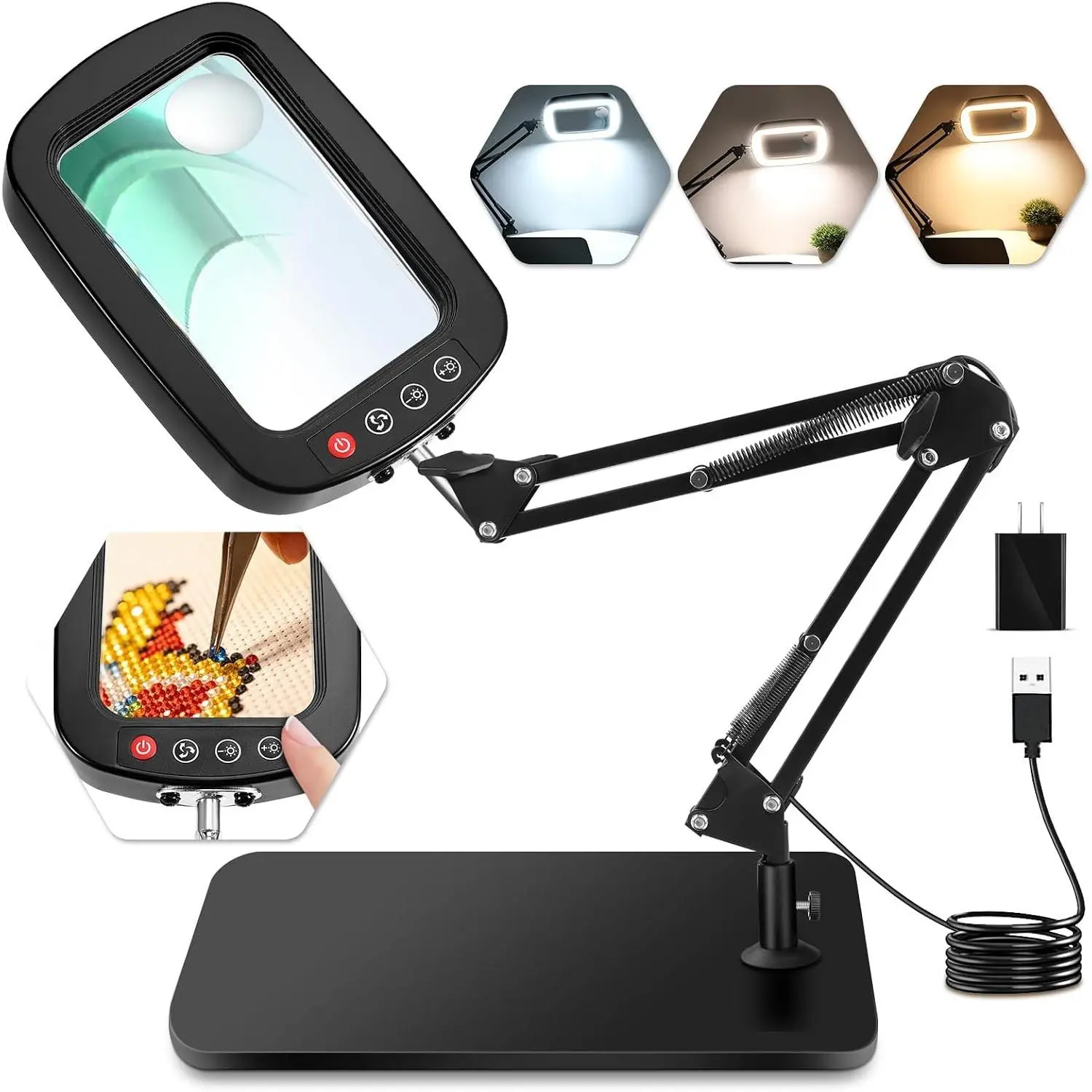 10X 30X Magnifying Glass with Light and Stand, Crystal-Clear Desk Lamp Magnifier, 3 Color Modes & 10 Brightness Levels for Reading, Crafting, Repair, Flexible Arm, Large Stable Base