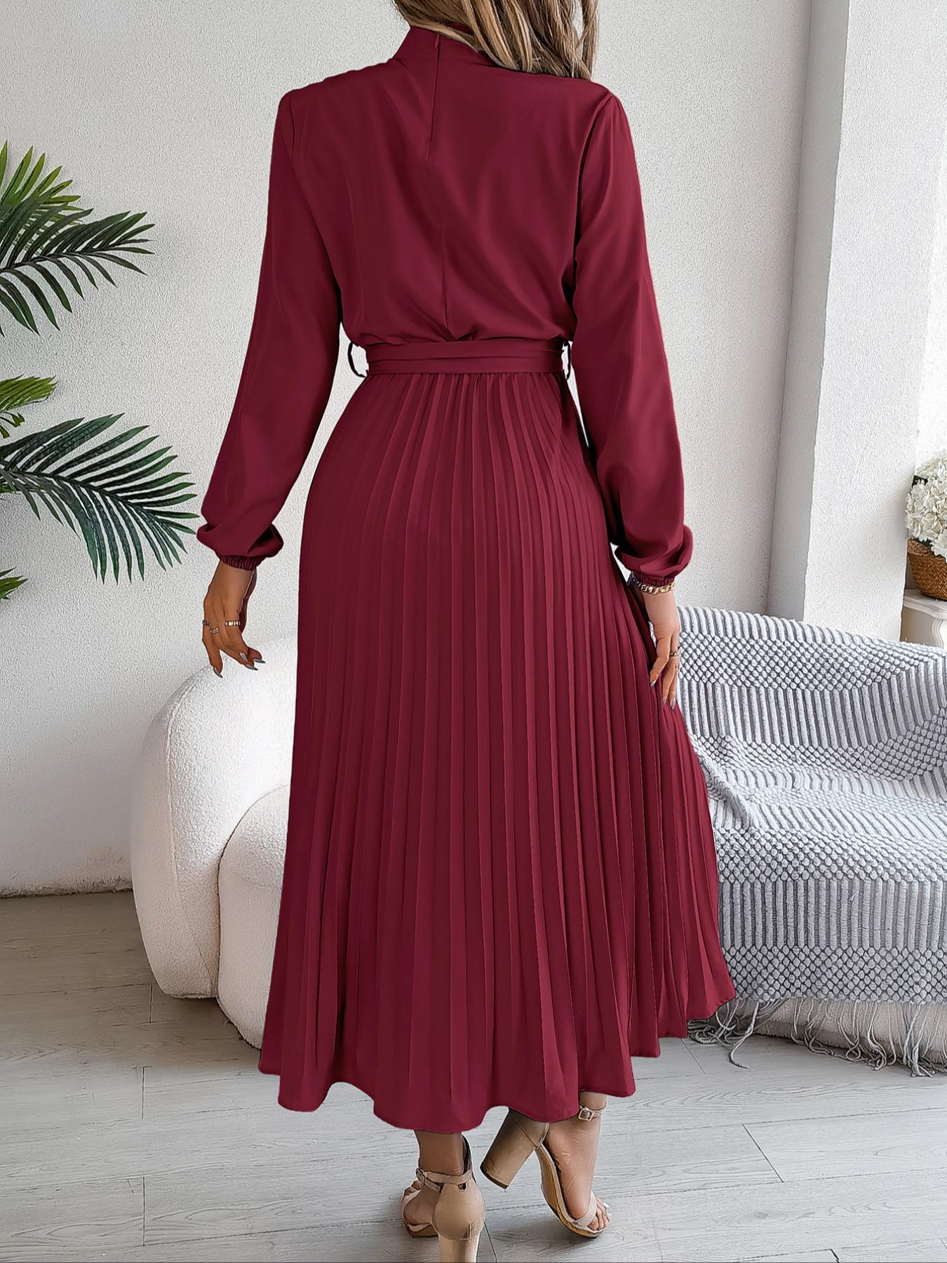 Women's Elegant Chic Long Sleeve Belted Pleated Dress, Spring & Fall Fitted Plain Design, Middle East Style Maid of Honor Gown