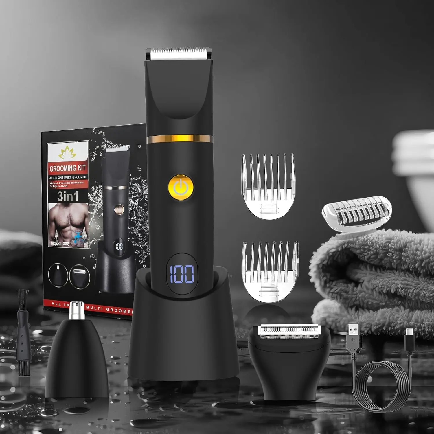 3 in 1 Waterproof Men Electric Body Hair Trimmer Kit, Ceramic Blade Beard Shaver, Nose & Pubic Groin Hair Groomer, Multifunctional Self Care Grooming Gift for Men
