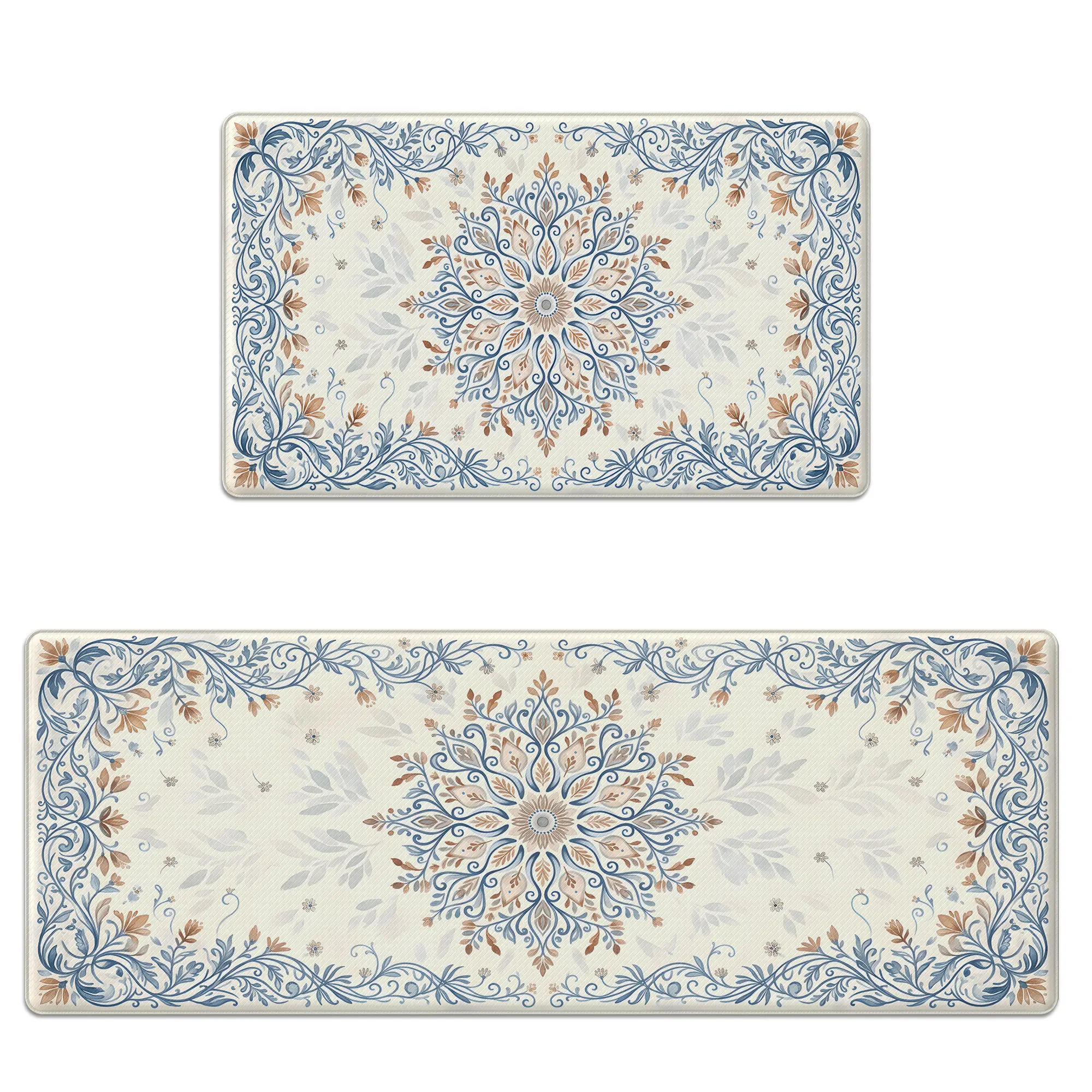 Kitchen Mat Set of 2 Anti-Fatigue Cushioned Memory Foam Kitchen Rug, Non-Slip, Scratch-Resistant & Waterproof Vintage Floral Mandala Floor Mat for