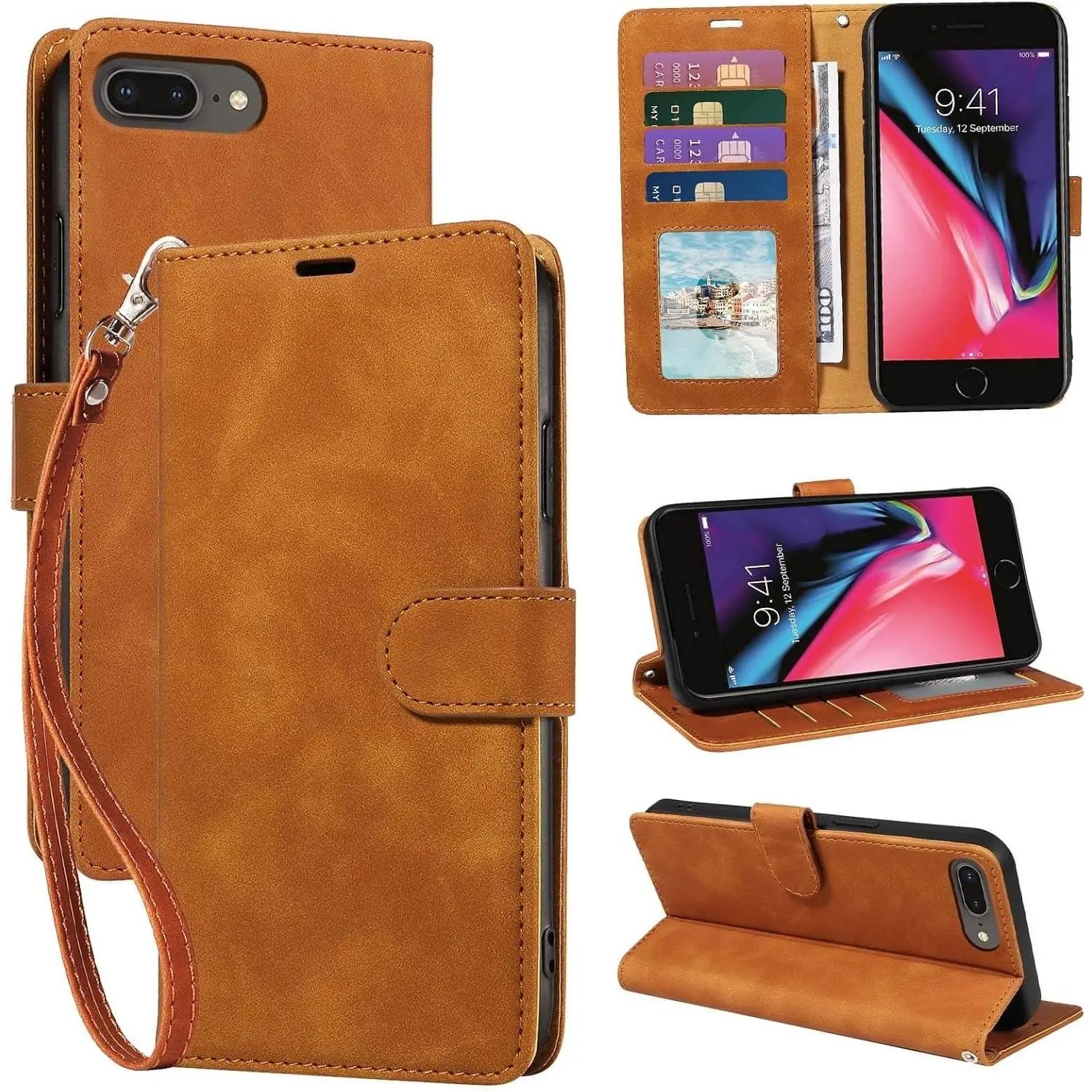 for  8 Plus Case Wallet, for  6/6S/7 Plus Case, [RFID Blocking 4 Card Slots] 2025 Soft PU Leather Phone Cover, Wrist Strap, Shockproof Protective, Stand Flip (Brown)