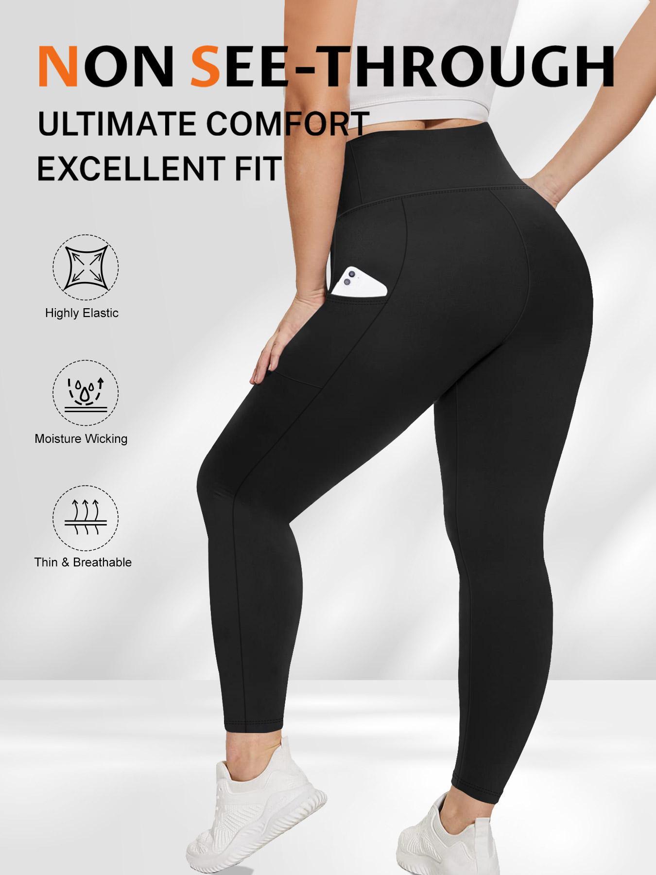 Plus Size Solid High Waist Sports Comfy Gym Workout Leggings with Pocket, Summer Outfits, Casual High Stretch Skinny Pants for Women, Soft Comfortable Women's Bottoms for All Seasons, Stretchy Workout Leggings