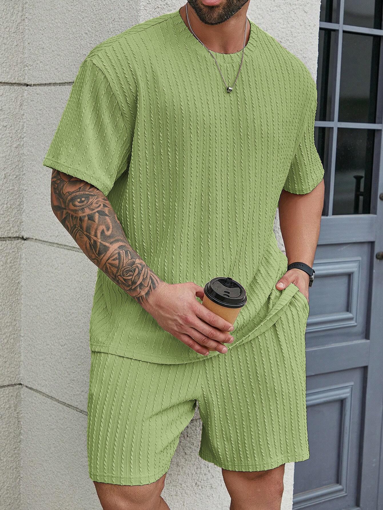 KZZ Men's Premium 2-Piece Plain Casual Shorts Set - Solid Textured Drop Shoulder Round Neck Tee & Drawstring Shorts, Relaxed Loose Fit, Machine Washable, Fashion Spring Summer Menswear, Christmas Gifts for Him