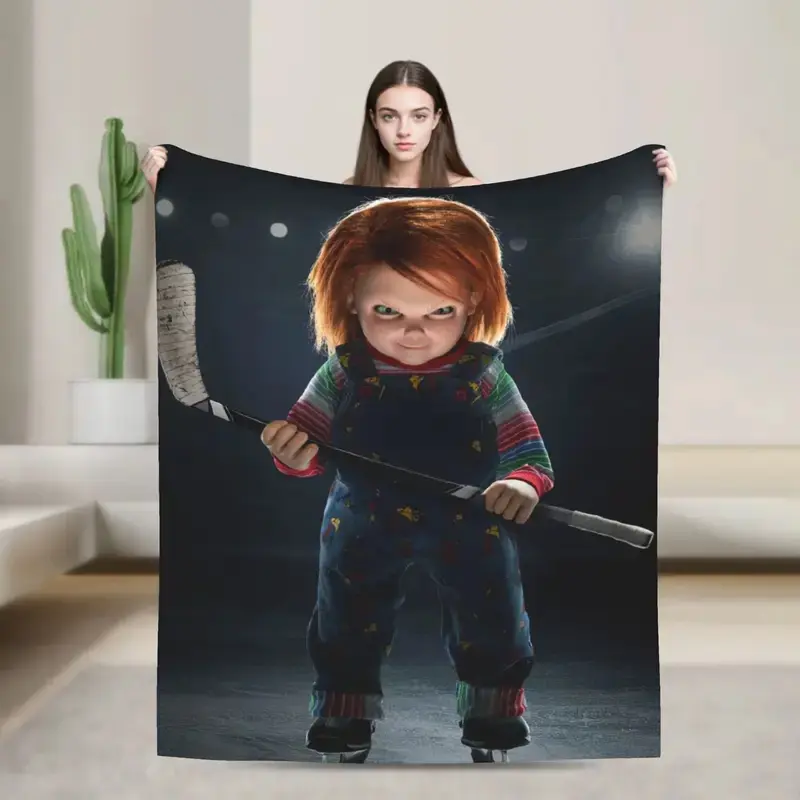 Chucky Hockey-Style Flannel Throw Blanket, Horror Movie Character Print, Fading-Proof Home Room House Decor Blanket