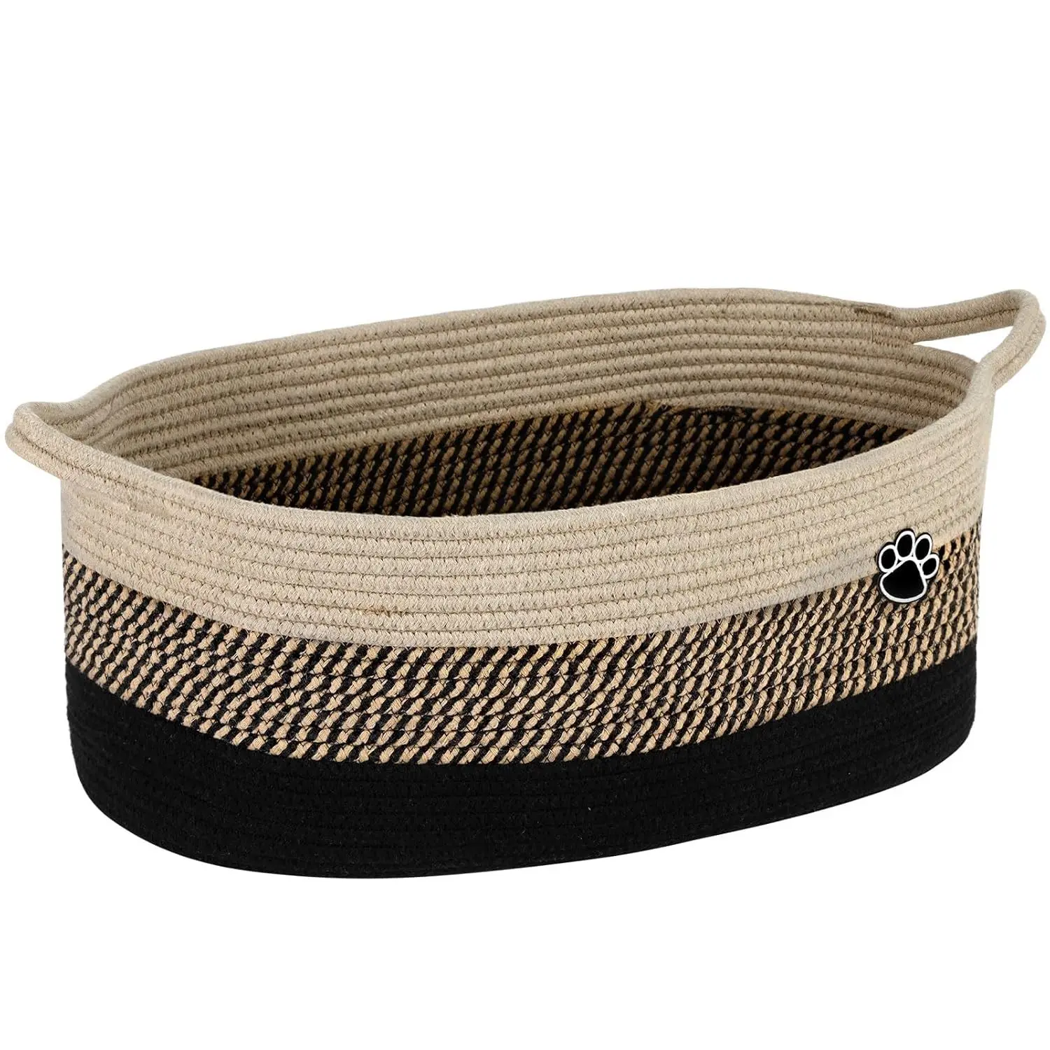 Black & Brown Cotton Dog Toy Organiser Basket - 30L Large Woven Rope Household Storage Bin, 19.7"X11"X7.9", for Pet Supplies, Blankets, Clothes, Living Room Decor