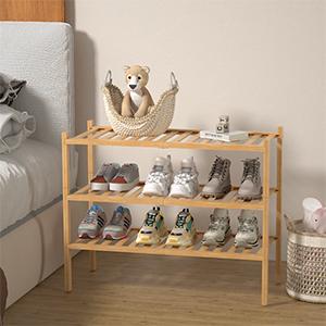 3 Tier Bamboo Shoe Rack for Closet Free Standing Wood Shoe Shelf Storage Organizer for Entryway Small Space Stackable 27"x11"x20" (Natural)