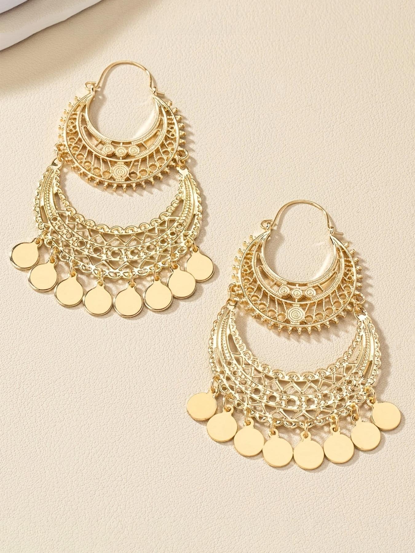 Boho Style Hollow Out Design Tassel Dangle Hoop Earrings, 1 Pair Fashion Jewelry for Party, Daily Clothing Decor, Trendy All-match & Exquisite Jewelry for Birthday Gift