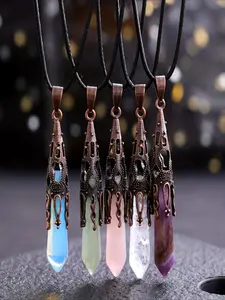5Pcs Natural Amethyst & Rose Quartz Trumpet-Shaped Single-Point Hexagonal Cone Pendulum Pendants, Healing Crystals for Chakra Balancing, Women's Jewelry with Matching Chains, Suitable as Christmas, Birthday and Gifts for Various Festivals