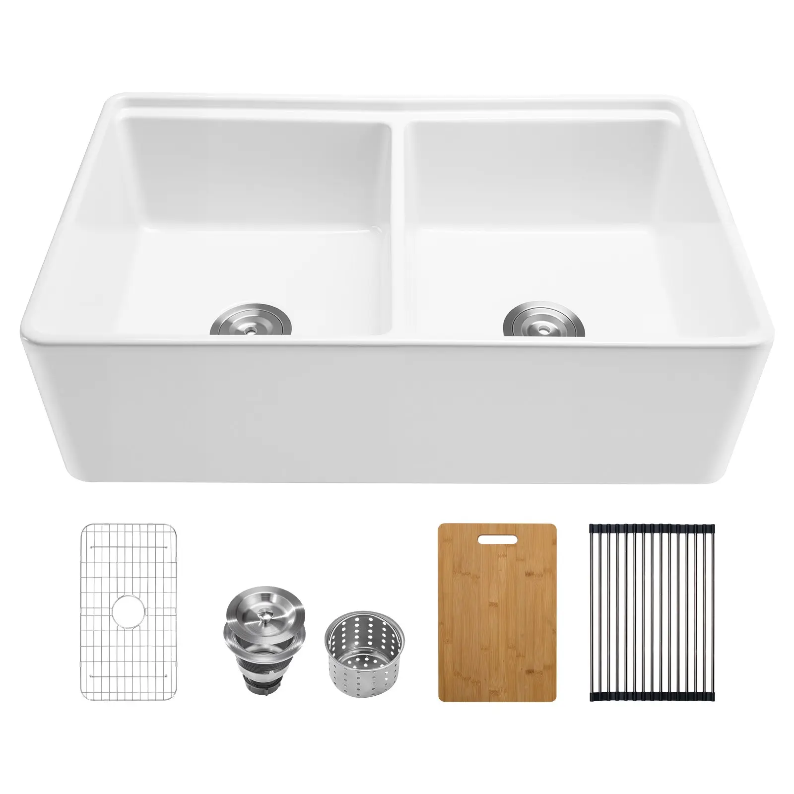 VEVOR 33x20 in Farmhouse Undermount Sink, White Workstation Fireclay Apron Front Double Bowl, Large Capacity Kitchen Sink with Multiple Accessories