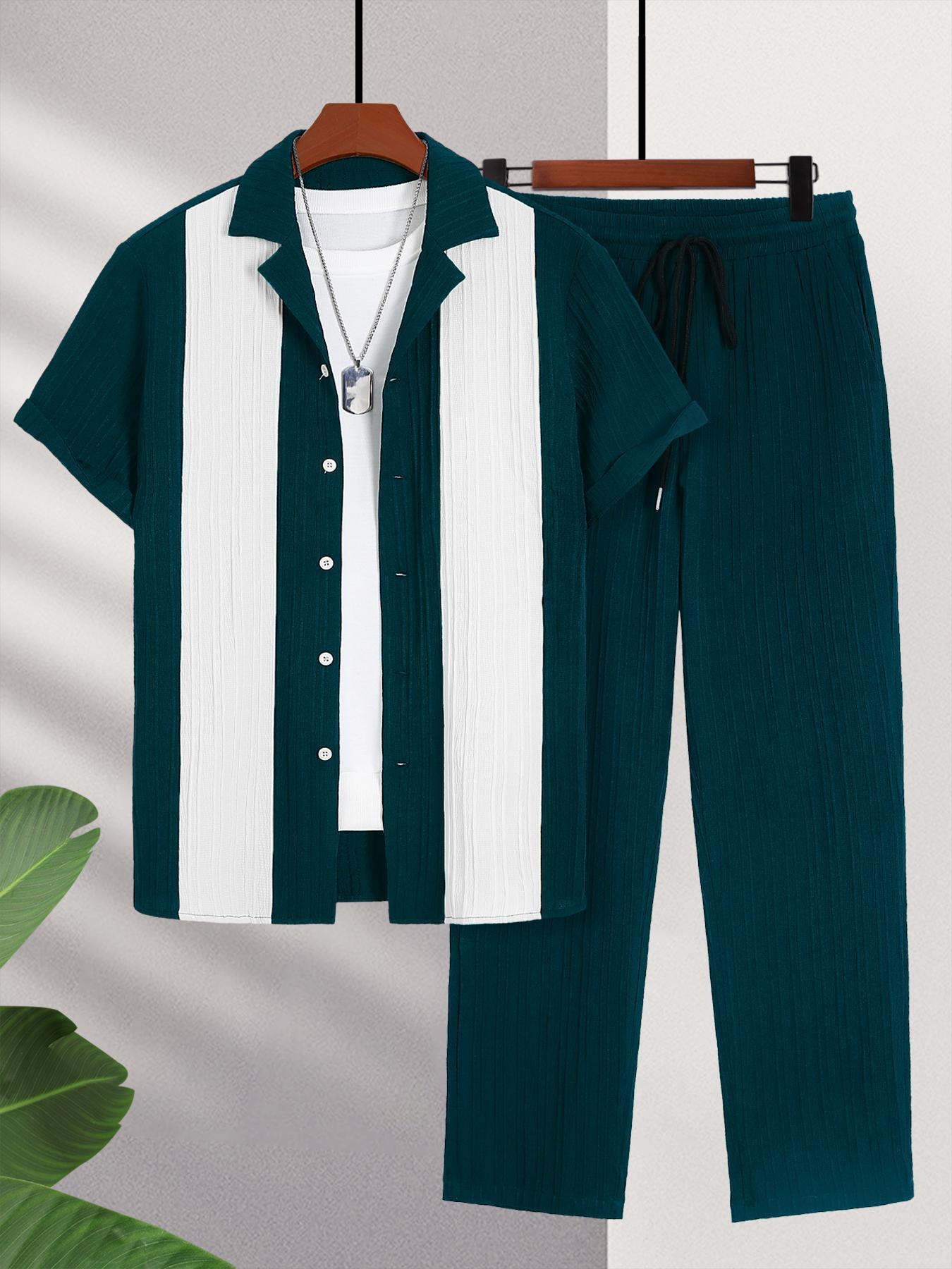 Men's Short Sleeve Shirt & Pants Two-Piece Set, Casual Button Top & Trousers for Summer, Men's Two-piece Set for Daily Wear, Matching Clothing Set