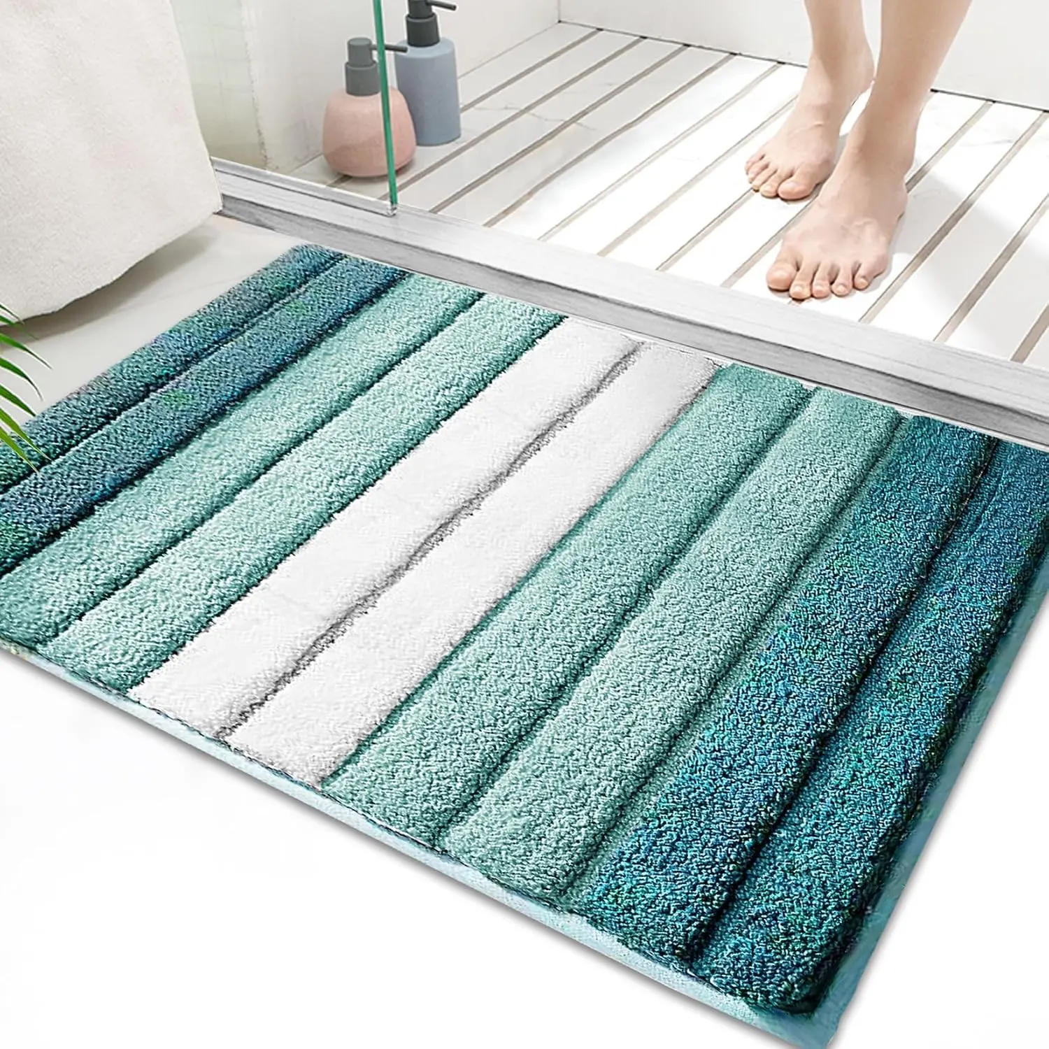 Striped Turquoise Bath Mat Rug, 20"x32" Non-Slip Microfiber Bathroom Carpet, Machine Washable Quick Dry, Home Decor Accessories for Bathroom Bedroom Tub KitchenGift