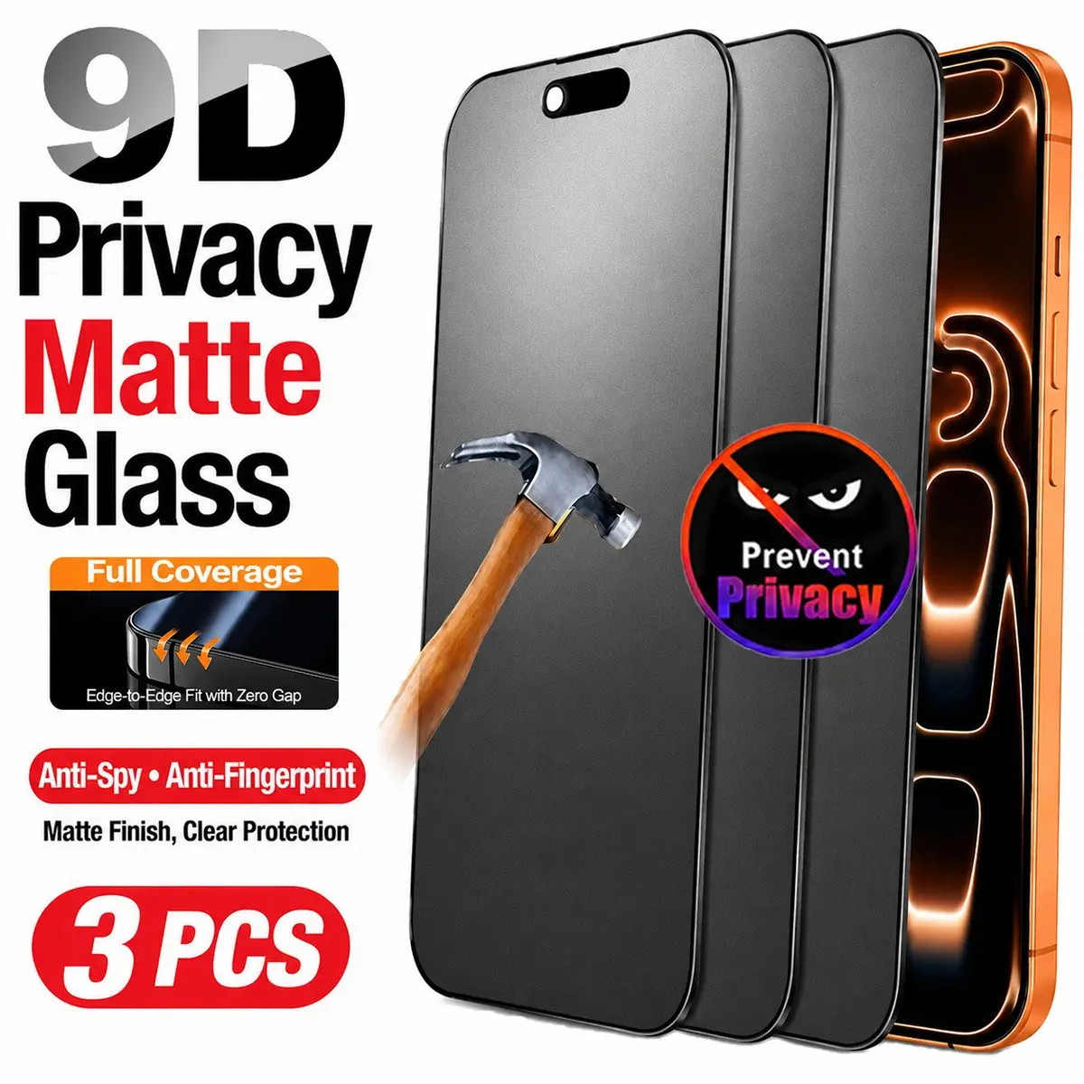 3-Pack 9D Full Screen Matte Anti-Spy Privacy Screen Guard Tempered Glass Film for iPhone X/XR/11/12/13/14/15/16/17 Pro Max, 9h Shockproof, Smooth Touch