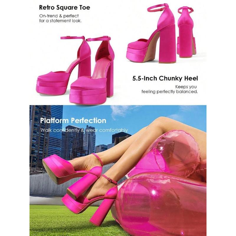 (New)Women High Chunky Platform Closed Toe Block Heels Square Toe Ankle Strap Dress Wedding Party Prom Pumps Shoes Halloween Christmas Fall