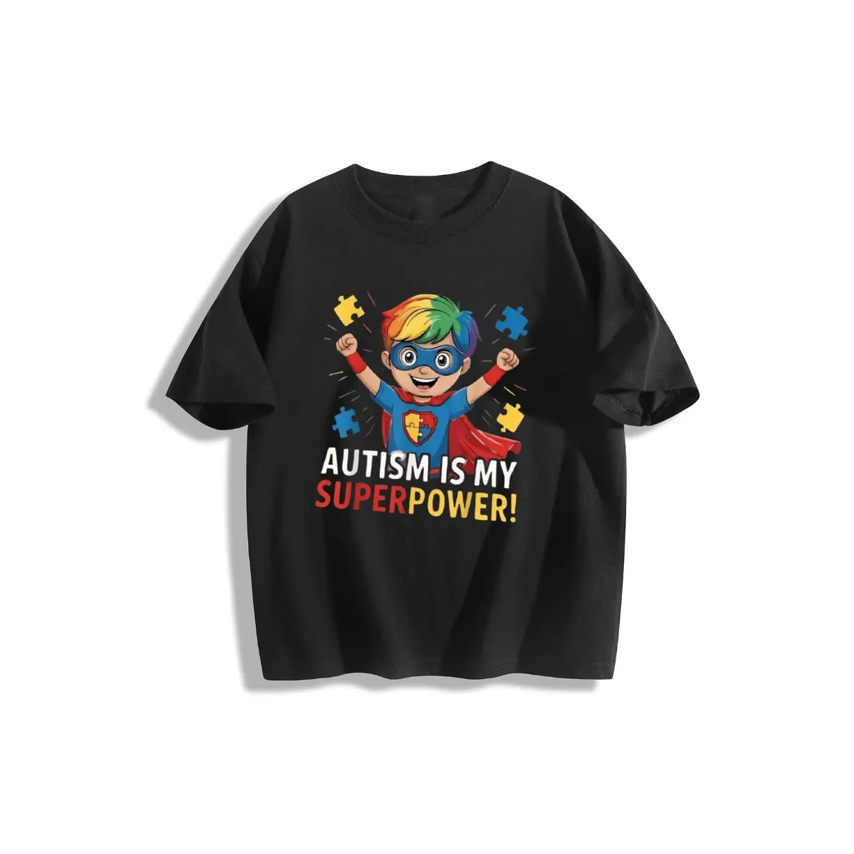 Kids Autism Is My Superpower Rainbow Superhero Puzzle Heart Graphic Short Sleeve T-Shirt, Soft Cotton Crew Neck Toddler Tee, Multi Color Casual Summer Top for Boys Girls, Neurodiversity Awareness Outfit Autism Acceptance Holiday Kid Gift Shirt