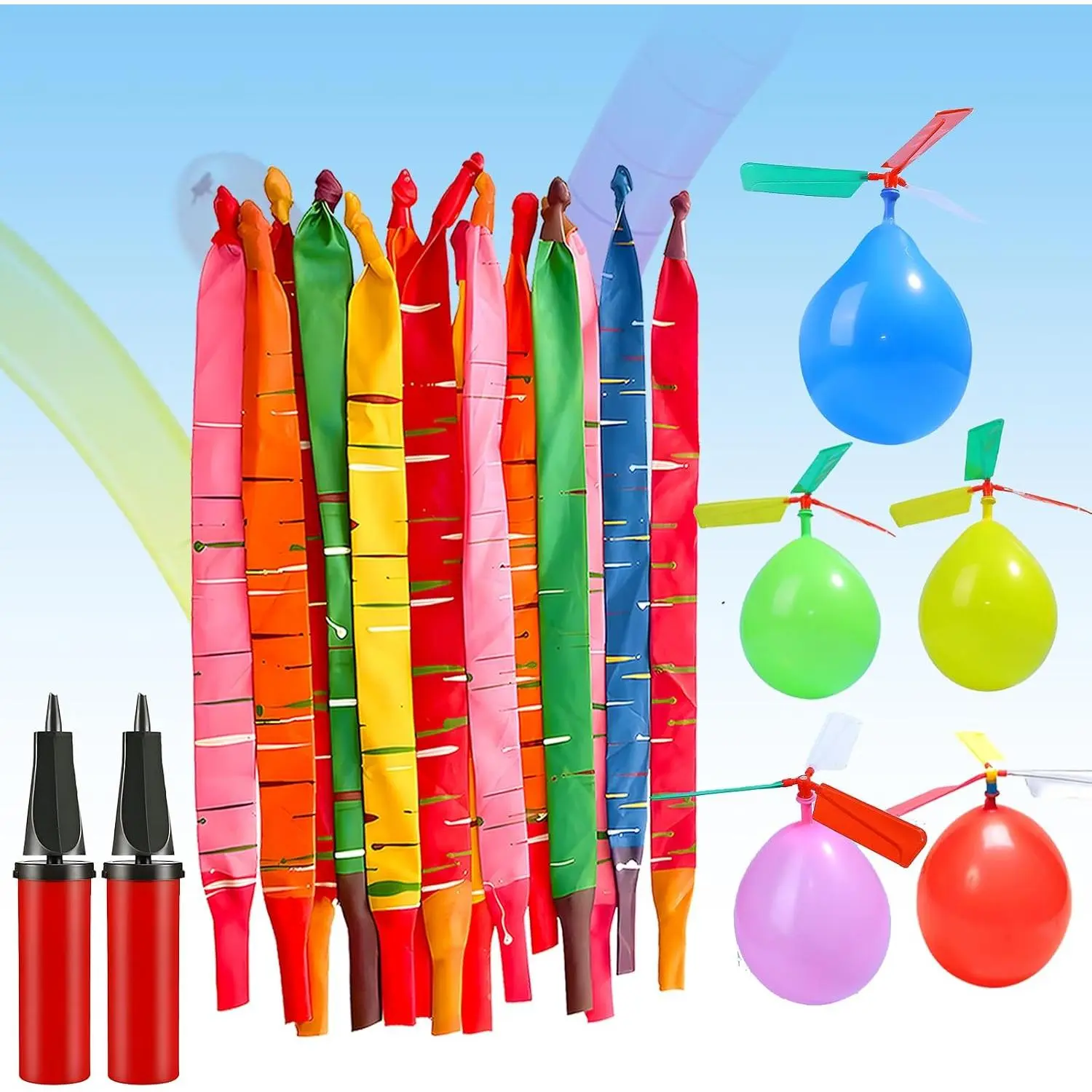 Rocket Balloons with 2 Pumps 100pcs Whistling Flying Rockets + 5 Helicopter Balloon Toys, Screaming Air Rocket Set  Kids, Outdoor Party Games and Birthday Gifts