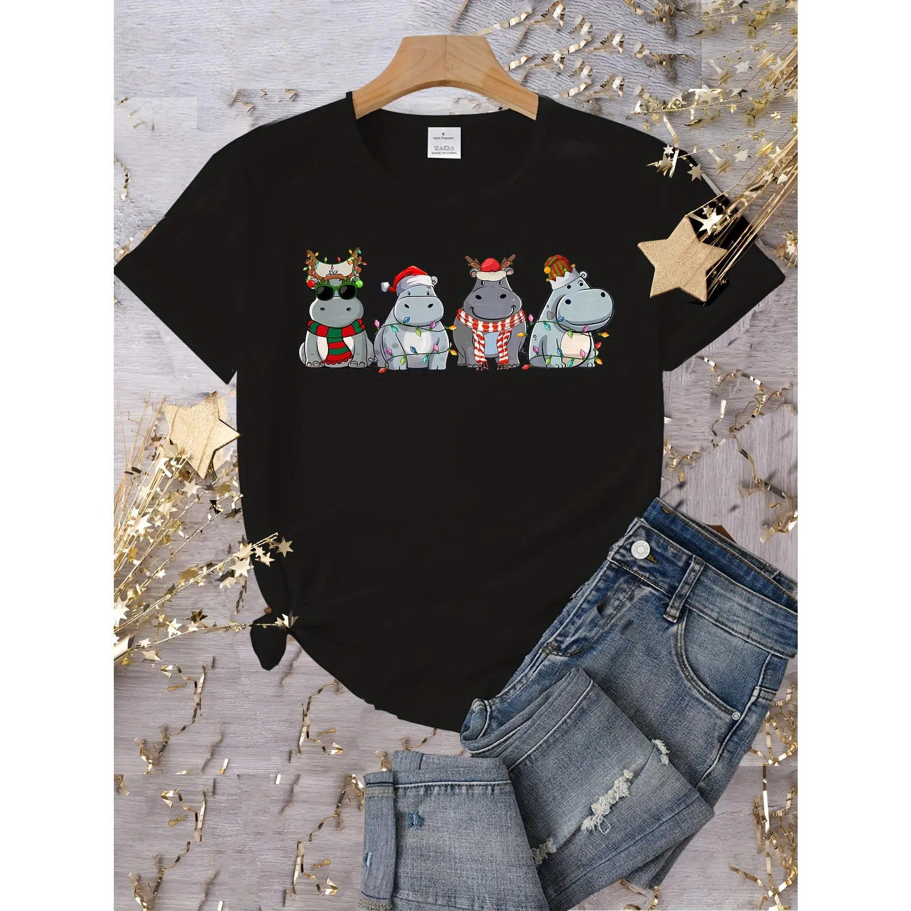 Women's Pull-On Christmas Hippo Graphic Crew Neck Short Sleeve Sporty Chic Regular Length Multi-Size Casual Spring-Summer Outdoor Activewear Top - XXL (Sports & Outdoor Clothing)