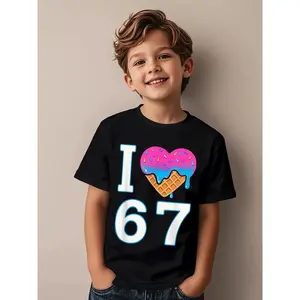 ' I Love 67 Meme T-Shirt - Cute Number 67 Party Outfit with Ice Cream & Heart Design, & Casual Short Sleeve Round Neck Tee, Machine Washable 67th Gift for &