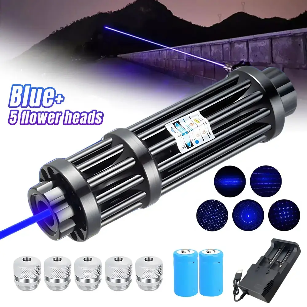 Multifunctional Flashlight with Adjustable Blue Pointer, 2 Batteries, 5 Interchangeable Pattern Heads - Visible Dot for Outdoor Safety, Precision Tasks
