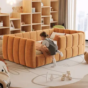 Toddler Bed with Removable Guardrails, Standard Crib Size Soft Floor Daybed with Slat, Upholstered Montessori Bed with High Headboard and Footboard for Kids Boys Girls, Orange