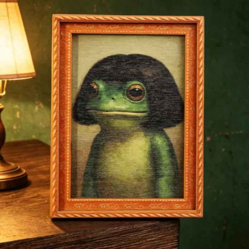 Vintage Wooden Frame Frog Fridge Magnet, Funny Bob Cut Frog Portrait, Weird Cute Aesthetic Kitchen Decor, Unique Gift for Friends