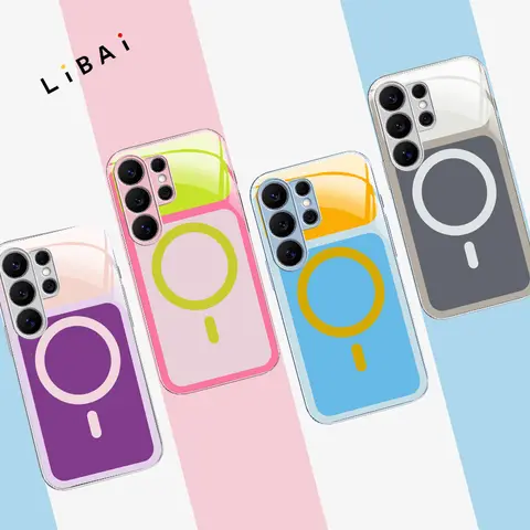 Fits Samsung Galaxy S26/S25/S24/S23/S22/S21/S20 Viral Dopamine Color Block MagSafe Magnetic Glass Phone Case, Two-Tone Bright Pastel Electroplated Glossy Shockproof Minimalist Aesthetic Cover---952