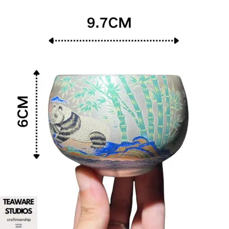 Hand-Engraved Silver-Plated Tea Cup with Bamboo & Panda Patterns - Traditional Chinese Aesthetic Teacup for Tea Lovers - Unique Hand-Made Drinkware.