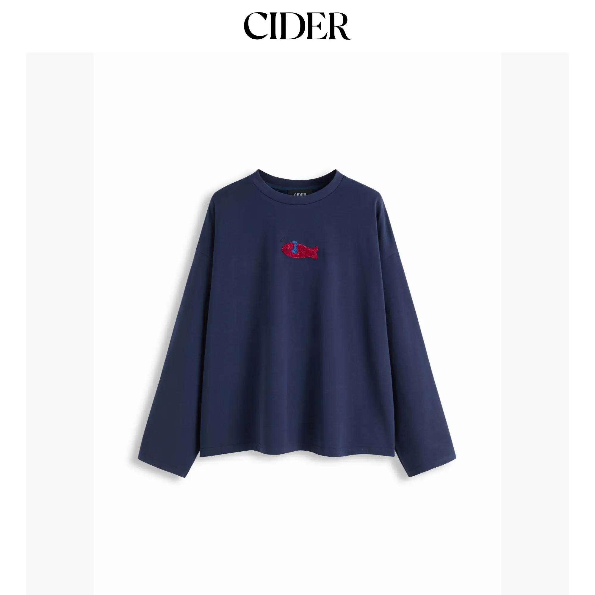 Cider Fish Embroidery Round Neckline Long Sleeve Oversized Tee SohoChic Cider Fish Embroidery Round Neckline Long Sleeve Oversized Tee SohoChic