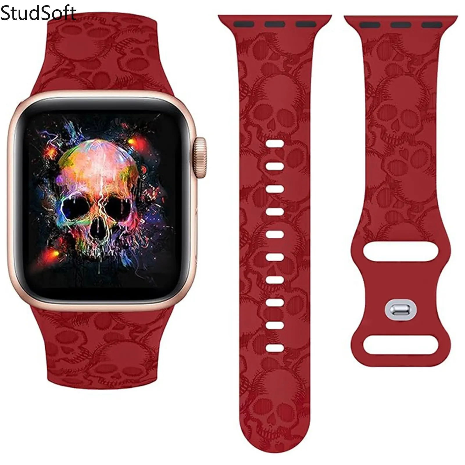 Gothic Skull Engraved Watch Band for Apple Watch, Soft Silicone Sport Strap Replacement, Punk Dark Red Embossed Bracelet for Men Women Accessories,back to school,back to school haul