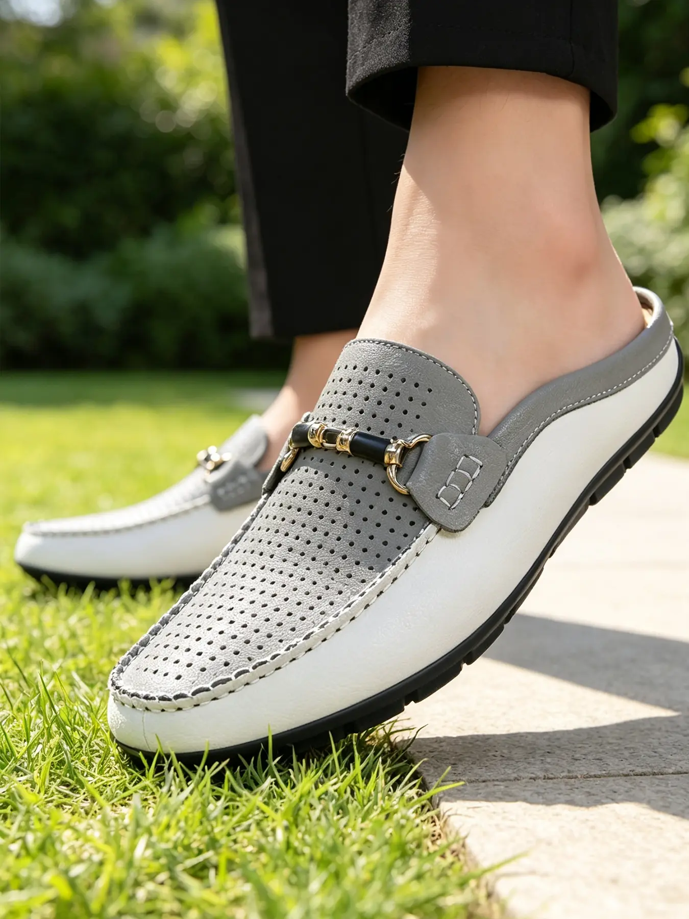 Women's Breathable Perforated Backless Loafer Mules, Hollow Leather Slip On Driving Half Shoes, Ventilated Flat Moccasin Slide Sandals for Summer