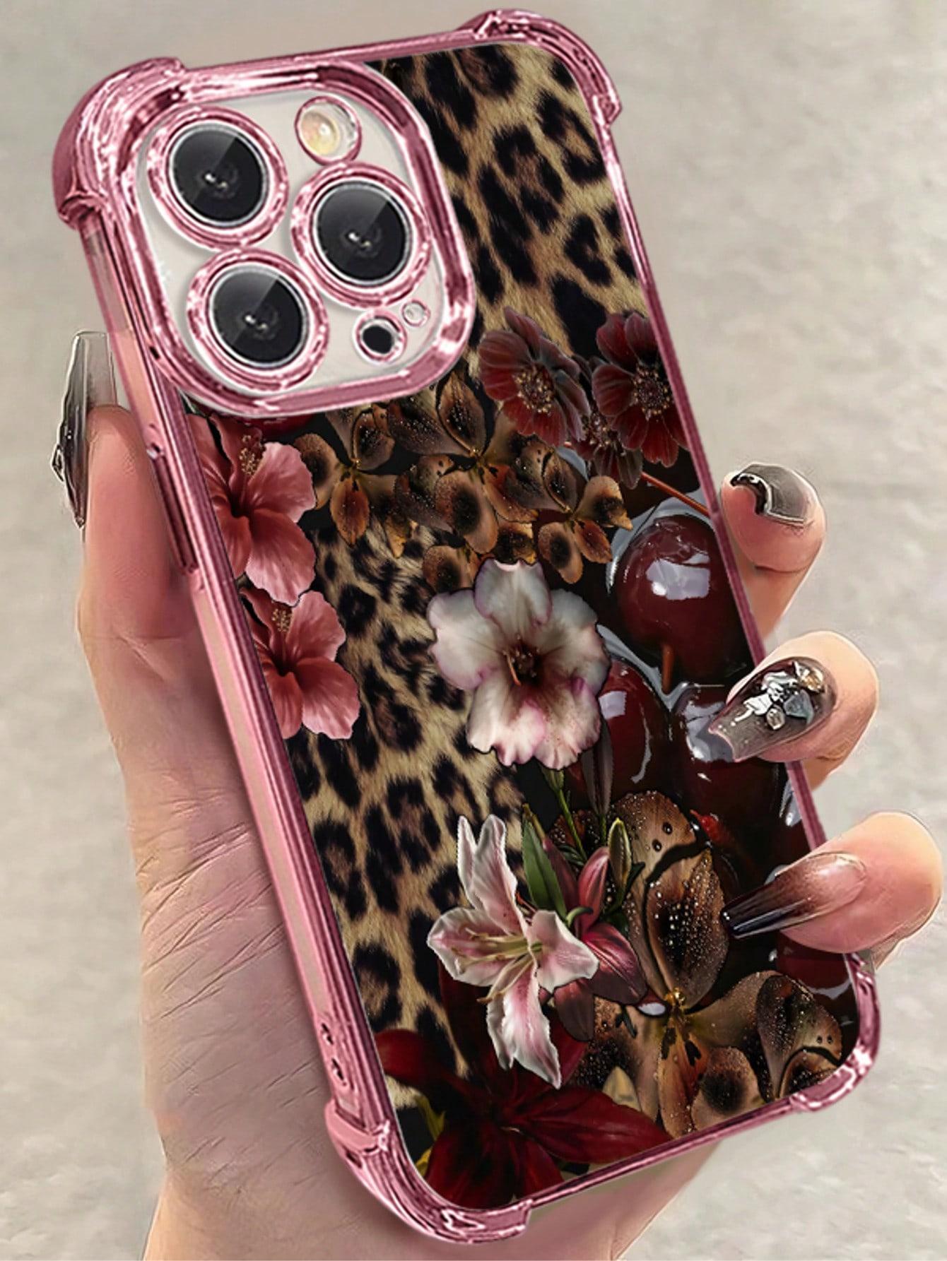 1pc Leopard Cherry Flowers Compatible With Apple Phone17/16/15/14/13/12/11/ProMax/Pro/Plus/Xs Max/XS/X,Four Corner Anti Fall Transparent Soft Shell Anti-Slip, Anti-Drop, Camera Lens Protection, Silicone Anti Wear Phone Case