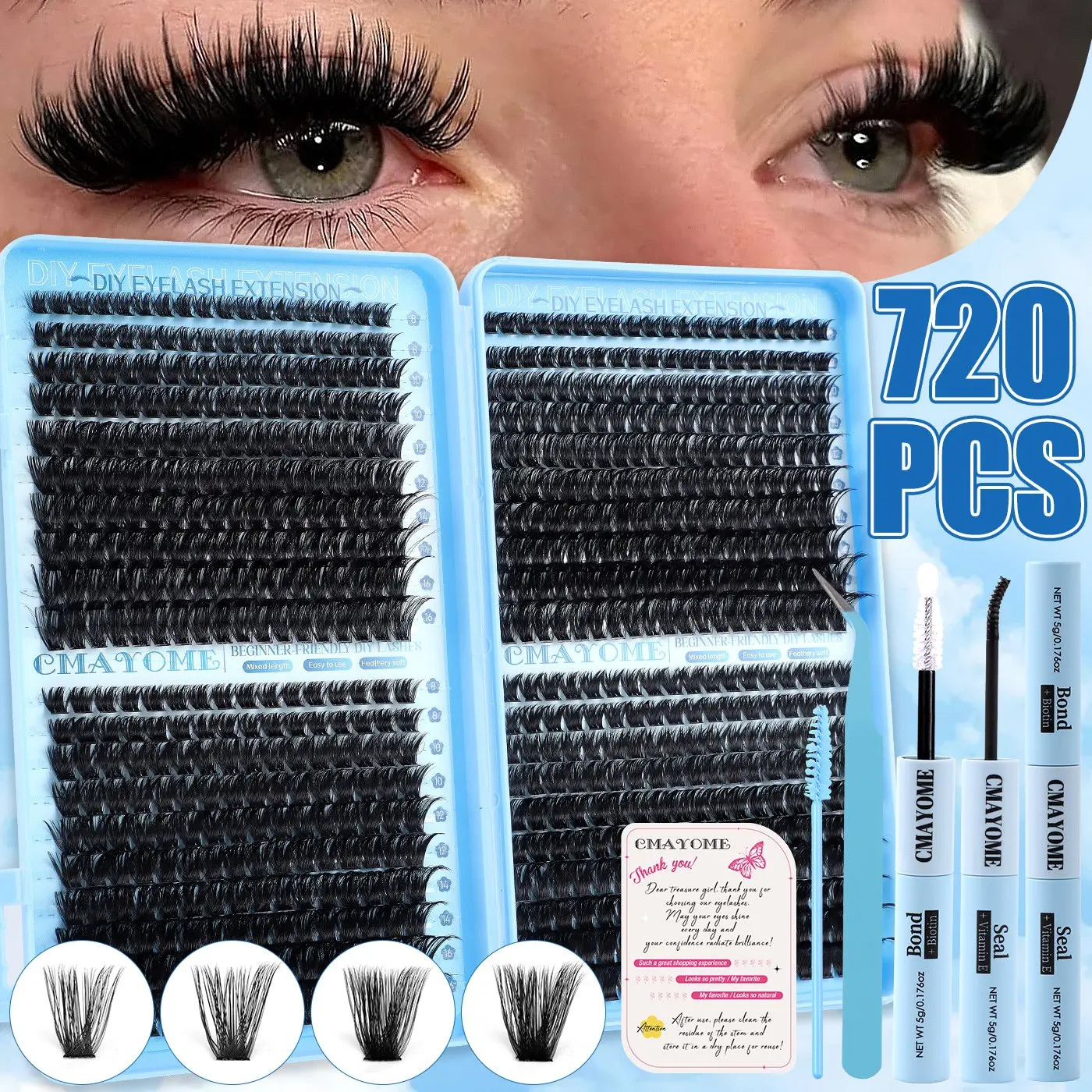 800/740/720 Pcs Thick Lash Kit, 10D-150D Mix Density, w/ Glue & Tools, 8-16mm Mix Lengths, Dramatic, Eye-Enhancing, Charm-Boosting, Waterproof, Sleep-Proof, Long-Lasting, Various Occasions, Summer Sale #GlobalSelection
