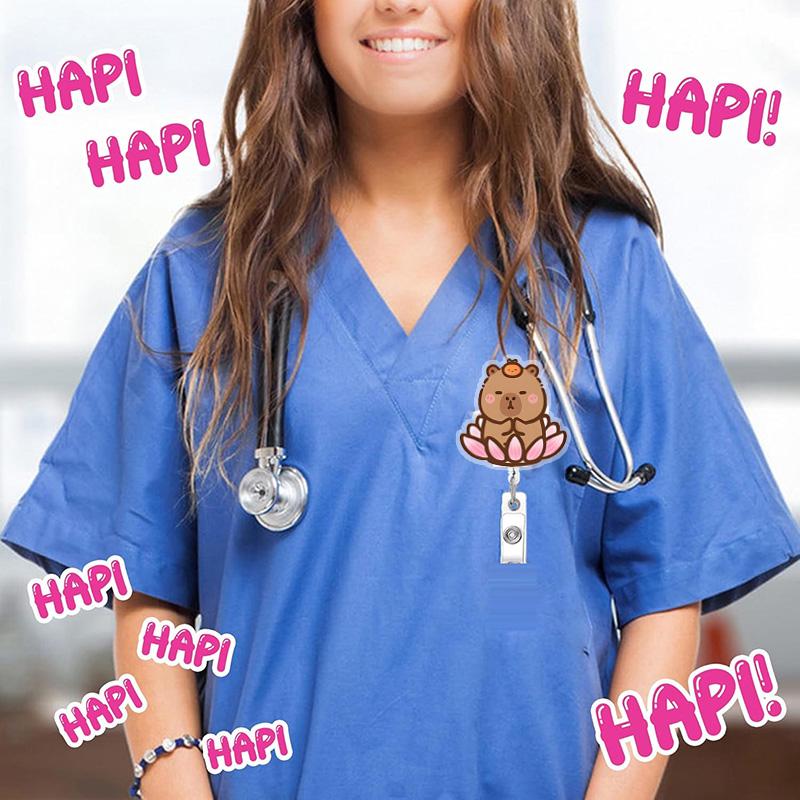 8-piece cartoon capybara badge reel, retractable, with rotating alligator clip, extendable badge clip, suitable for students, teachers, office workers (semi-transparent)