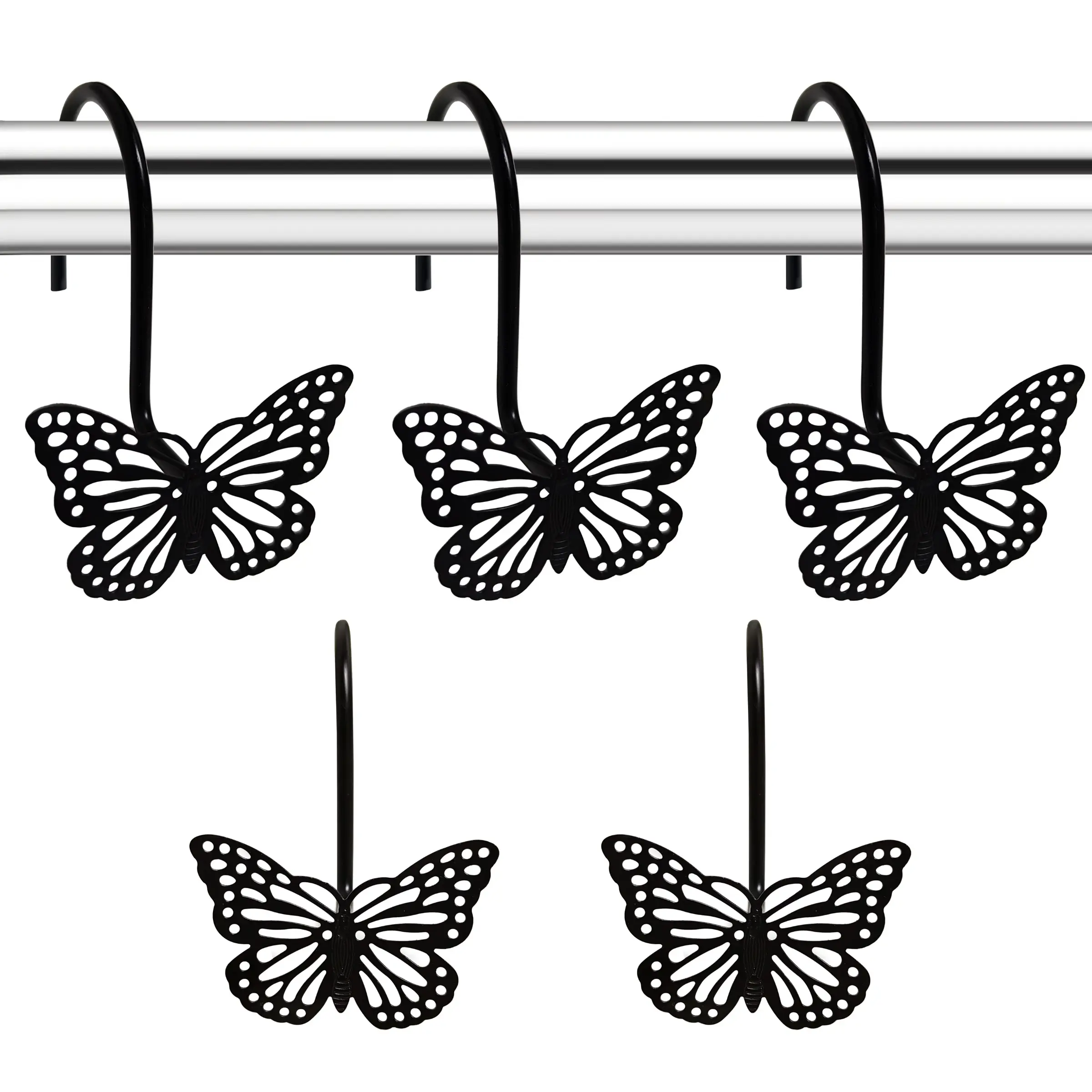 12-Piece Metal Butterfly Bath Curtain Hooks, Decorative Waterproof Rust-Resistant Reusable Shower Rods, Durable Bathroom Accessories