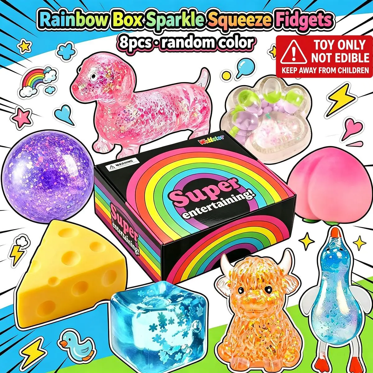 8 Pack Sparkly Glitter Squeeze Stress Relief Toy Box, Stress Ball Squishy, Mixed Animal Fruit Jelly Squishy Fidget Set, Soft Stretchable Sensory Pinch Toys to Relieve Anxiety & Tension, Decompression Gift Box for Kids, Teens and Office Workers