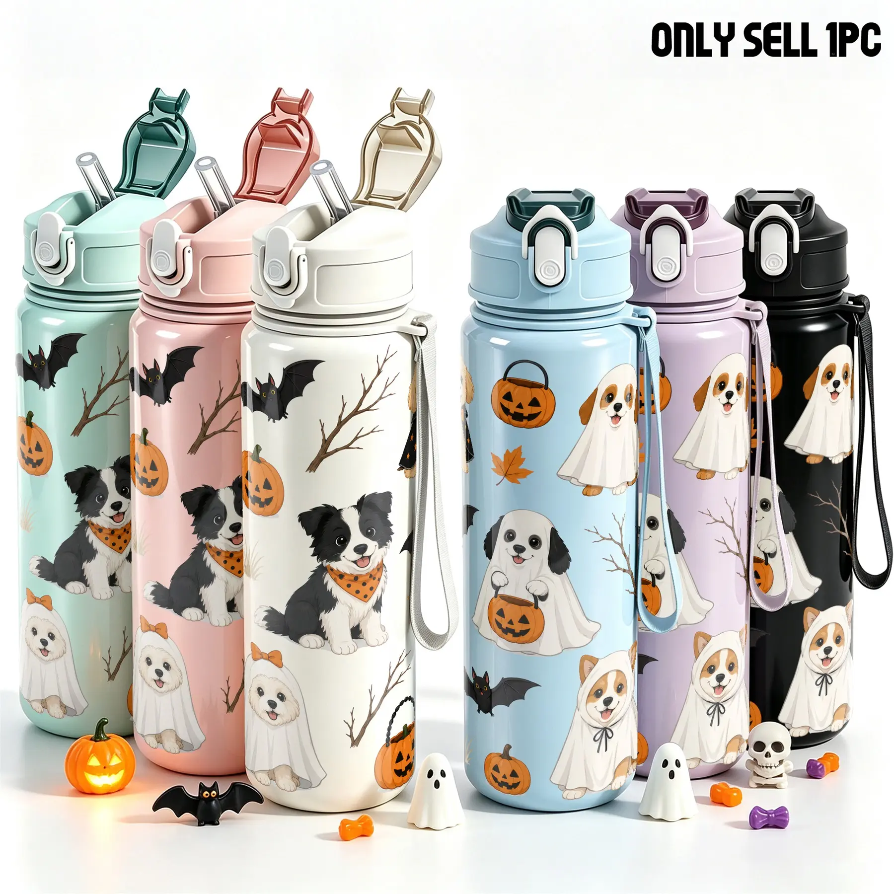 1pc 25oz Cute Halloween Puppy Print Water Bottle With Straw, Reusable Portable Sports Bottle With Lid, Pumpkin & Spooky Bat Patterned Hydration Bottle, Halloween Gift for Dog Lovers, Ideal for Gym Hiking Travel School Women's clot