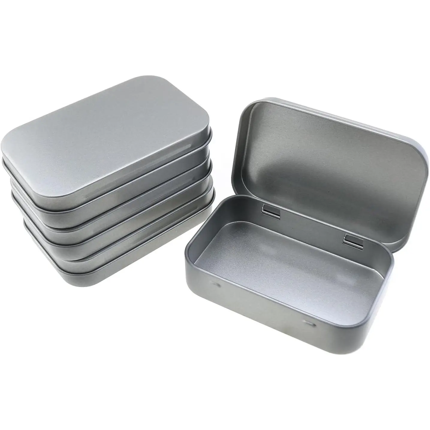 4-Pack Rustproof Tin Steel Small Rectangular Empty Flip-Top Hard Top Storage Bins with Lids, 3.74x2.36x0.8 in Smooth Lightweight Compact Metal Organiser for Home Organization