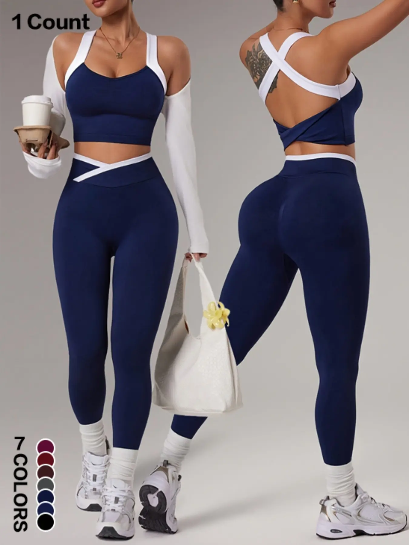 Women's Yoga Sports Set, Yoga Fashion Set, Spring Summer Style, Color-Blocked Crossback Vest & Waistband Tight-Fit Pants, Ideal for Fitness Training