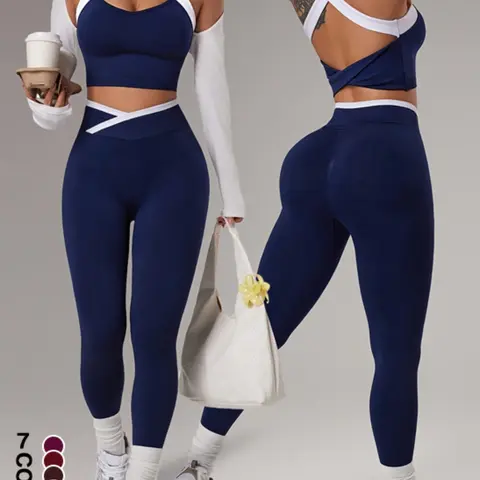 Women's Yoga Sports Set, Yoga Fashion Set, Spring Summer Style, Color-Blocked Crossback Vest & Waistband Tight-Fit Pants, Ideal for Fitness Training