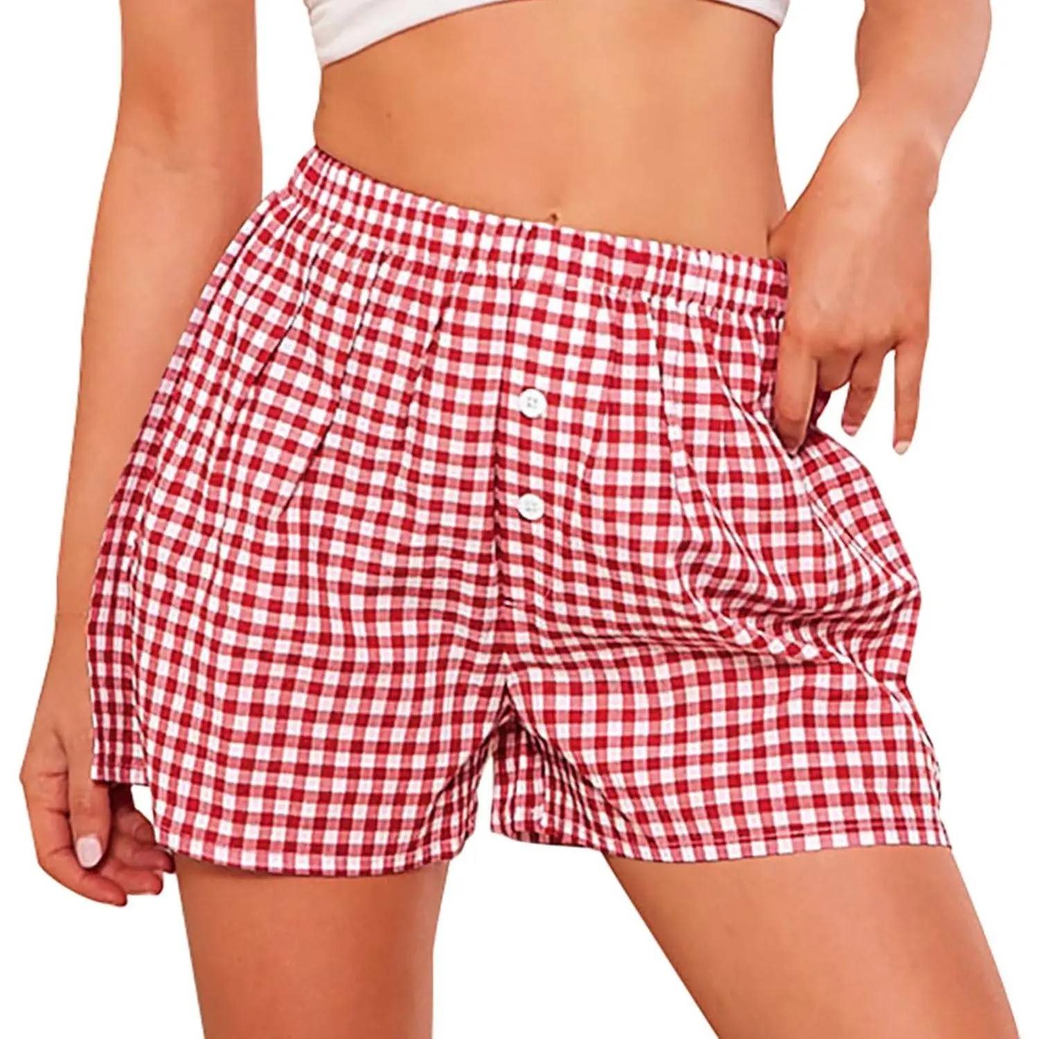 Shorts for Women 2026 Summer Gingham Pajamas Checkered Boxers Plaid Striped Lounge Sleep Pj Y2K Beach Shorts