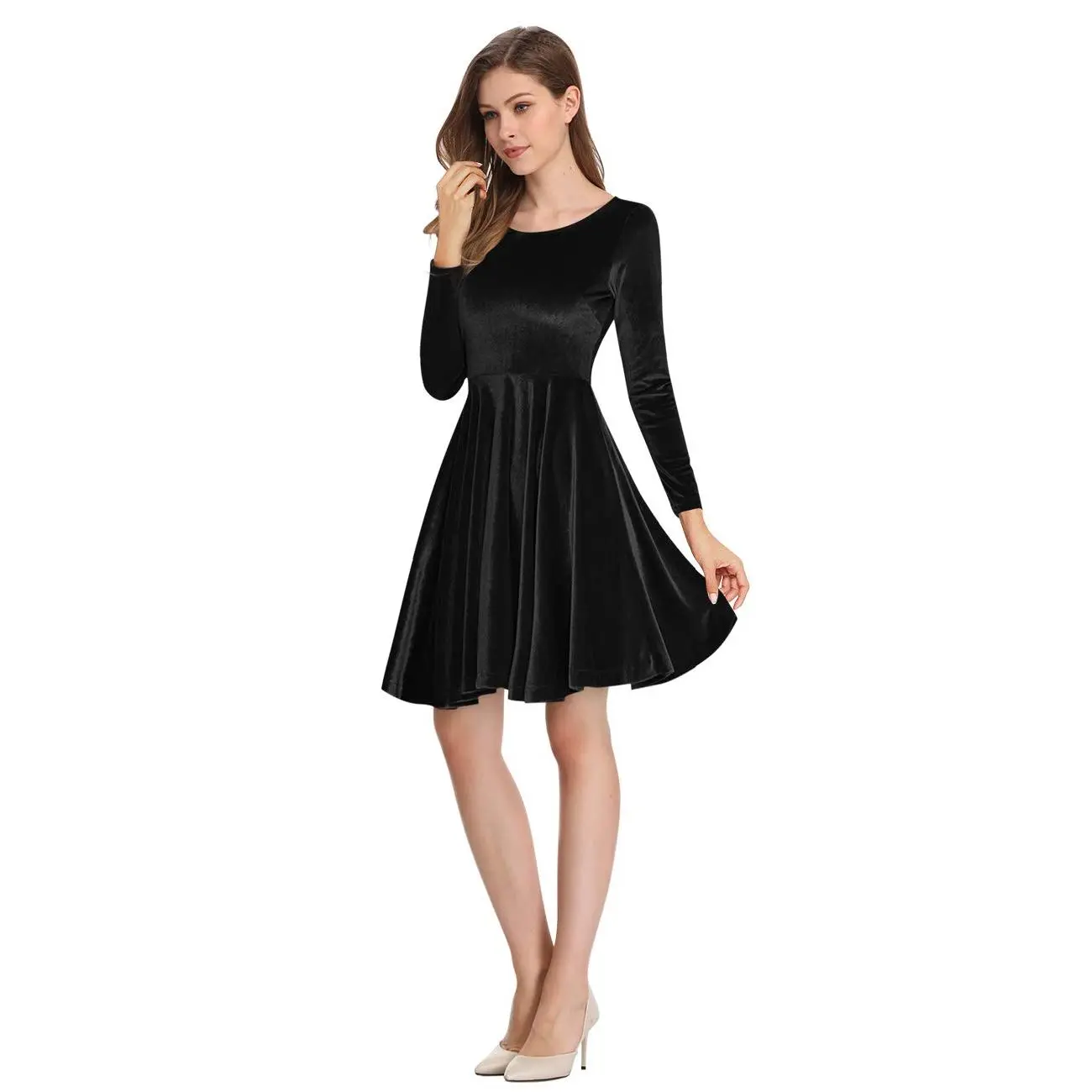 YF Women Velvet Long Sleeve A-Line Dress, Fit and Flare Scoop Neck Mini Dress, Fall Winter Cocktail Party Dress for Wedding Guest Christmas Date Night, Gift for Her Wife Girlfriend, S-XXL Black Burgundy Black Green