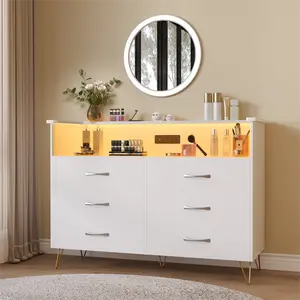Modern 6-Drawer Dresser with LED Light & Charging Station, Wooden Storage Chest with USB Ports & Power Outlet, Spacious Cabinet for Bedroom Entryway Living Room