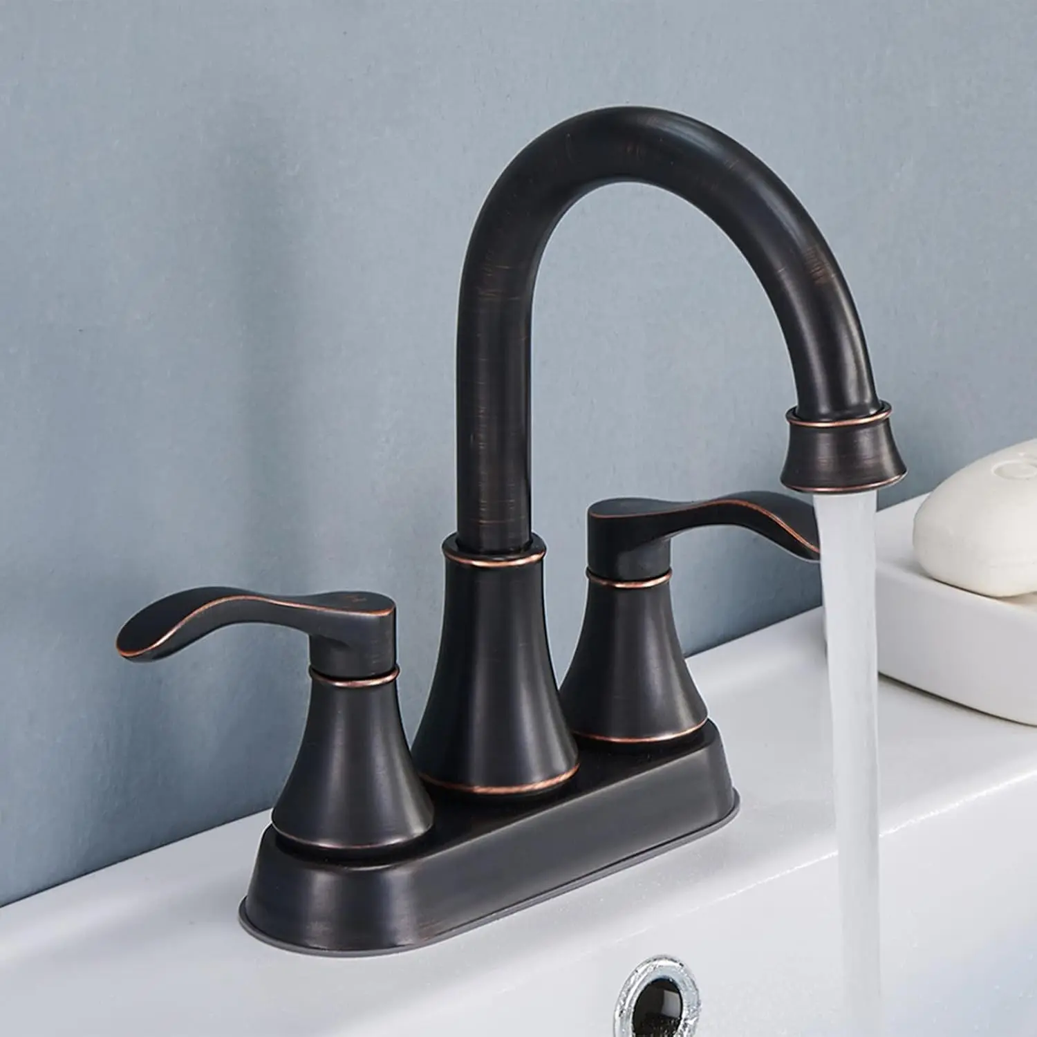 Lead-Free Antique 2 Handle Oil Rubbed Bronze Bathroom Sink Faucet, 360 °   Swivel High-Arc Spout 4-Inch Centerset Lavatory Vanity Faucets Set with Drain & Water Hoses