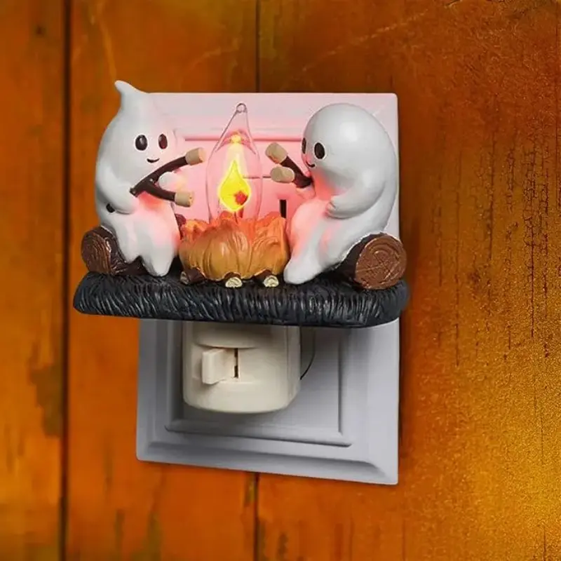 Ghost Campfire Night Light, Plug-In Wall Flashing Flame Night Light, Halloween 3D Cute Horror Cotton Candy Ghost Decor, Bedroom Halloween Decoration