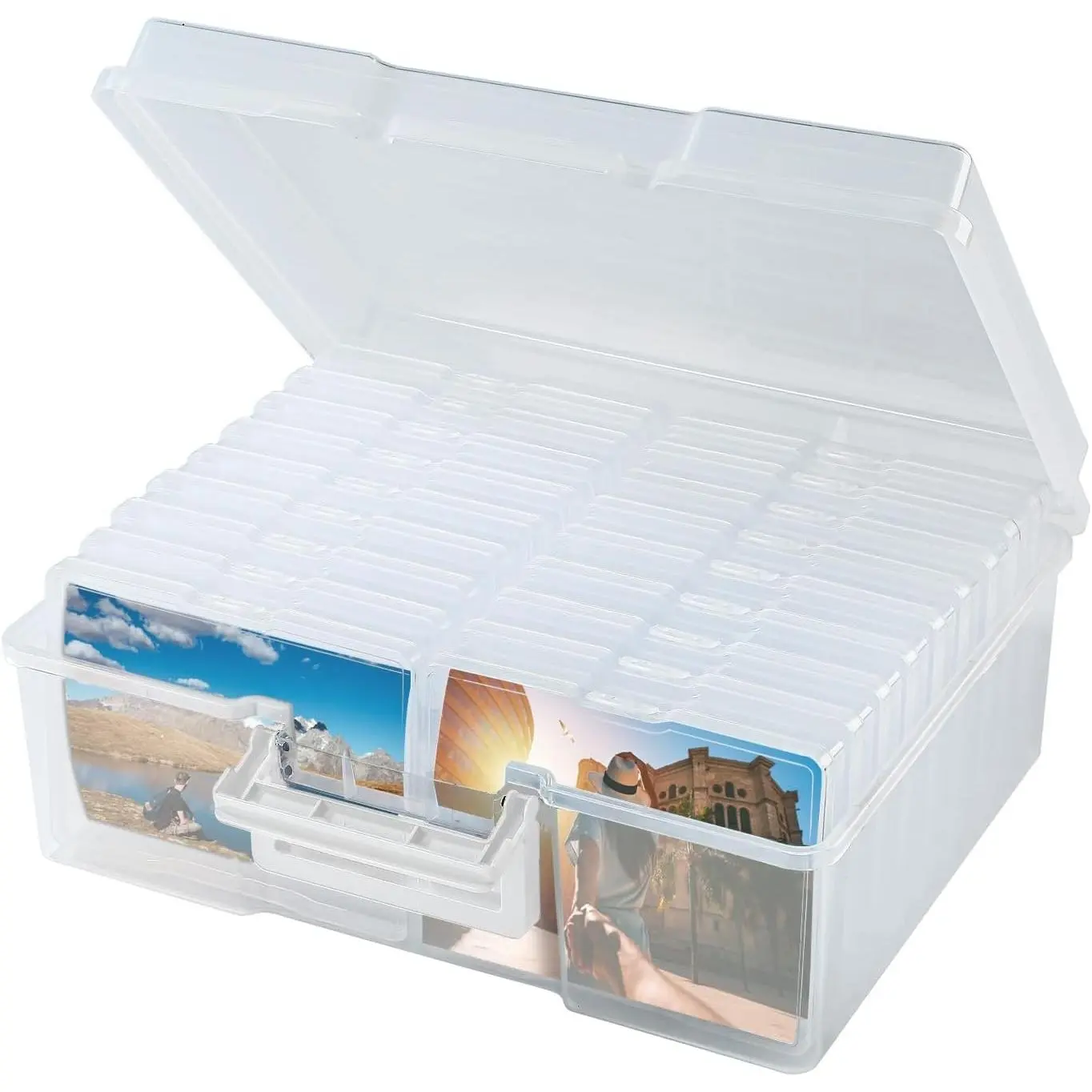 Photo Storage Box 5 x 7 Inches, 18 Inner Extra Large Photo Boxes with Dividers, Clear Acid-Free Photo Storage Containers with Handle, Photo Organizer Craft Keeper for Photo, Craft, Stamp
