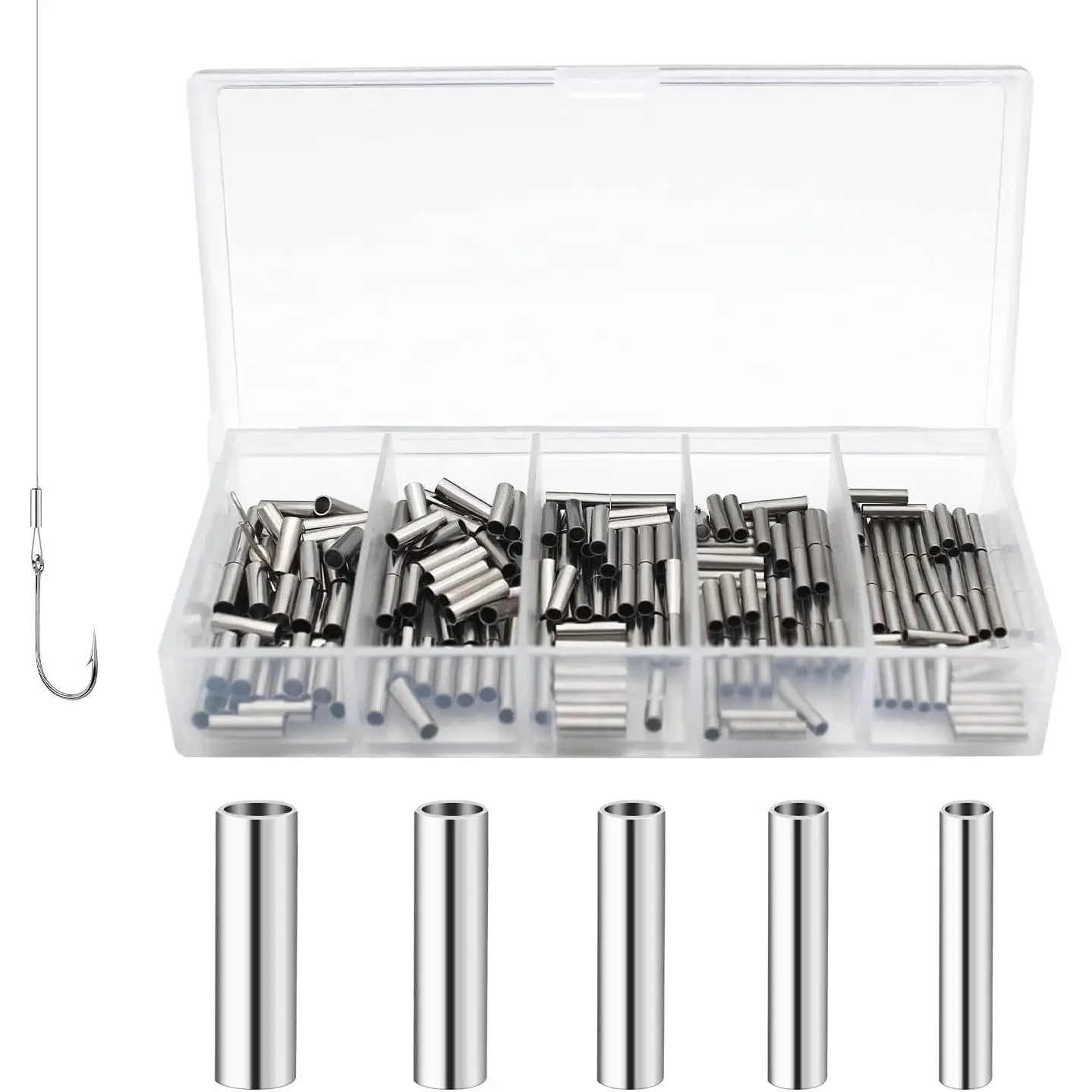 250pcs/500pcs Single Copper Barrel Crimp Sleeves Kit, 5 Sizes Single Tube for Fishing Leader Wire Rope