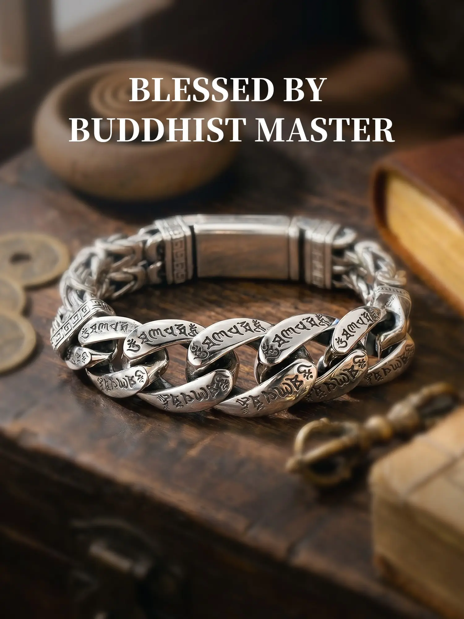 Vintage Silver Men's Bracelet, Hand Chain, Bold Six-Character Mantra Blessing Charm, Retro Stainless Steel Peace Pattern Bangle, Punk Rock Lucky Amulet Jewelry for Men, Inspirational Bracelet, Gifts for Him, Chain Bracelets