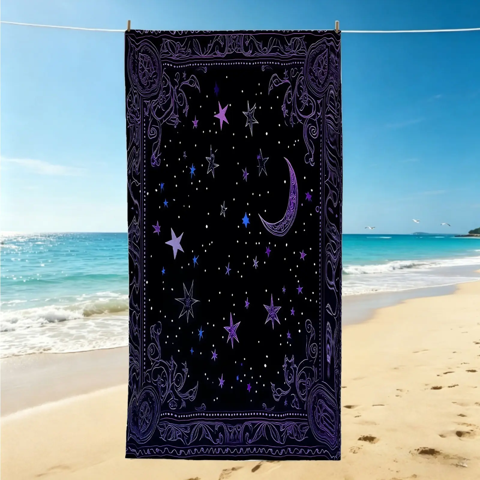 Mystic Celestial Moon Star POD Digital Print Beach Towel, Quick Dry Towels For Travel, Pool Towel, Lightweight Camping Towel, Large Bath Towel Blanket, Gothic Astrology Design for Women Teens, Sand Resistant for Beach Pool Travel Outdoor Daily Shower Use
