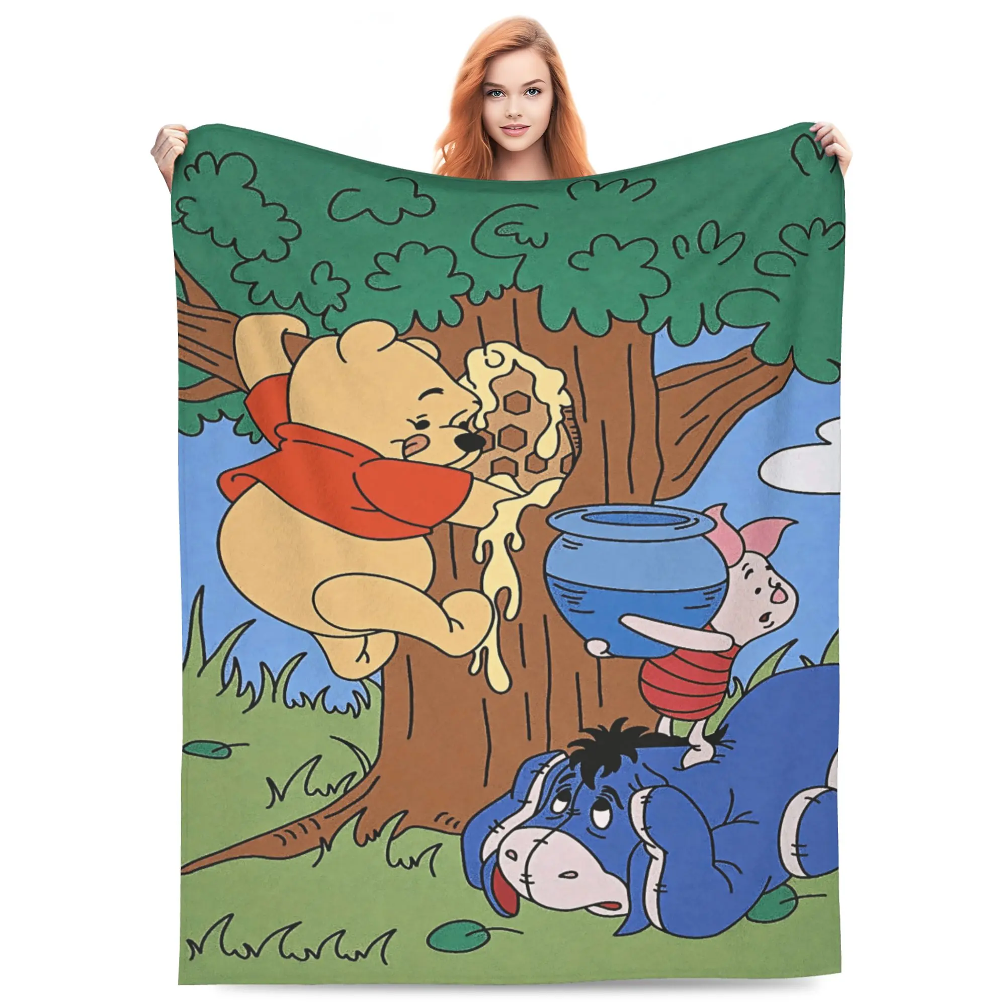 Disney Classic Winnie the Pooh Piglet Eeyore Flannel Throw Blanket, Bear Climbing Tree for Honeycomb Classic Cartoon Print Soft Lightweight Cozy Blanket for Sofa Bed Kids Fans Gift