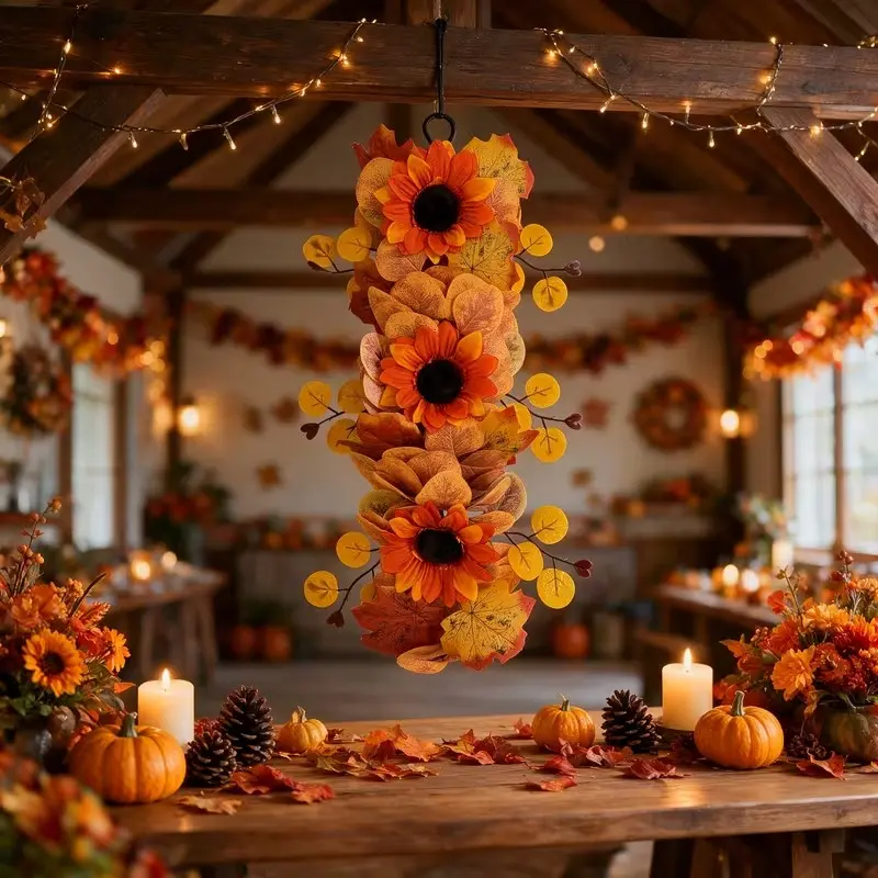 Autumn Sunflower Hanging Wreath, Warm Harvest Door Decor, Perfect for Thanksgiving, Halloween, Fall Weddings, Party Decorations