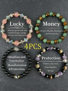 Boho Crystal Beaded Bracelets, Stone Bracelets, Boho Style Bracelet - Obsidian, Black Tourmaline & Tiger Eye for Money Attraction, Elastic Stacking Jewelry for Party Daily Wear, Good Luck Gift for Women Men Couples, Ideal Gift for Mom's Day, Father's Day